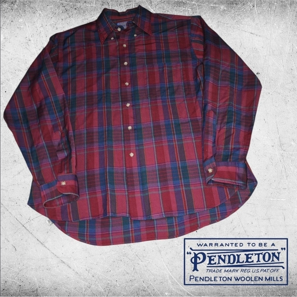 VTG Pendleton Mens Sir Pendleton Plaid Worsted Wool Button Down Shirt Red L FLAW